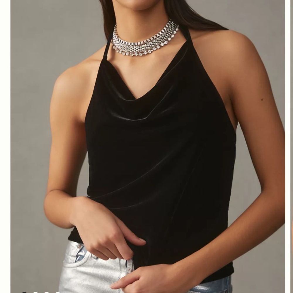Anthropologie Black Velvet Cowl Halter Blouse size small